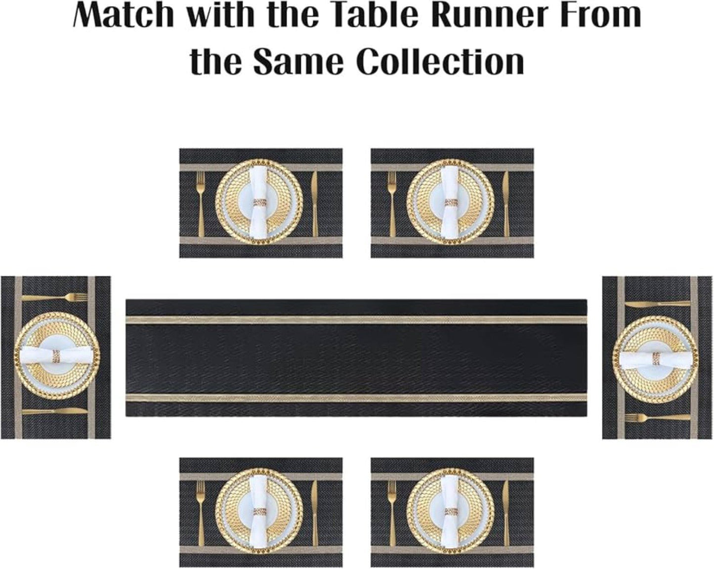 7 Pcs Dining Table Mat & Runner Set ( Black & Golden )