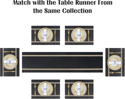 7 Pcs Dining Table Mat & Runner Set ( Black & Golden )