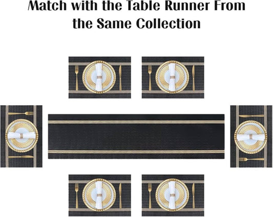 7 Pcs Dining Table Mat & Runner Set ( Black & Golden )
