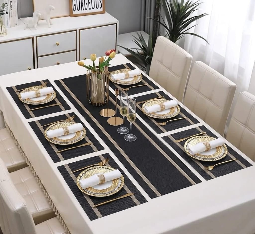 7 Pcs Dining Table Mat & Runner Set ( Black & Golden )