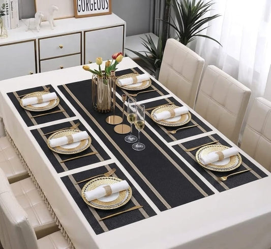 7 Pcs Dining Table Mat & Runner Set ( Black & Golden )