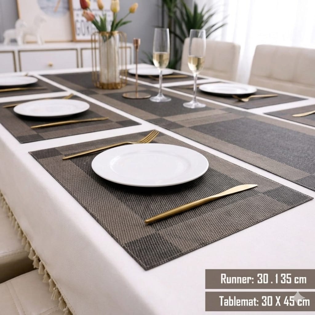 7 Pcs Dining Table Mat & Runner Set New ( Black & Golden )