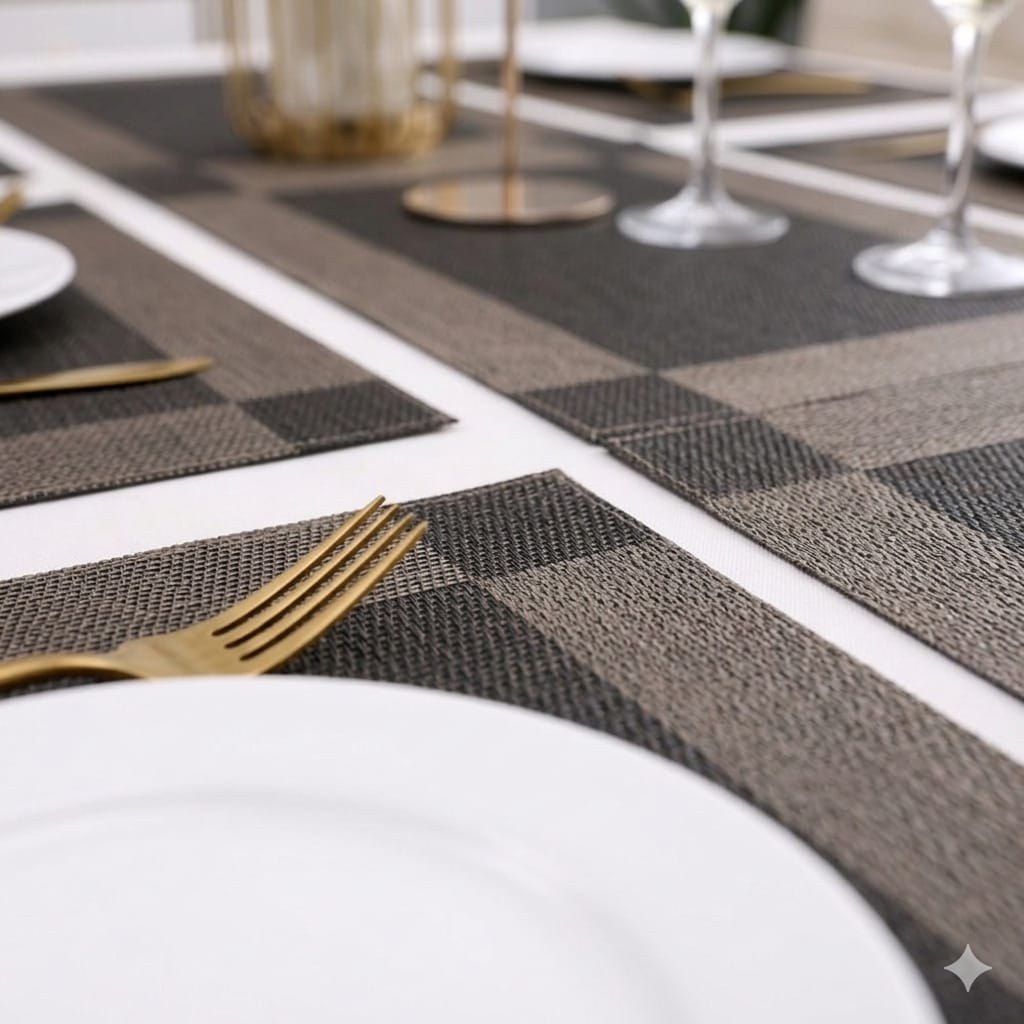 7 Pcs Dining Table Mat & Runner Set New ( Black & Golden )