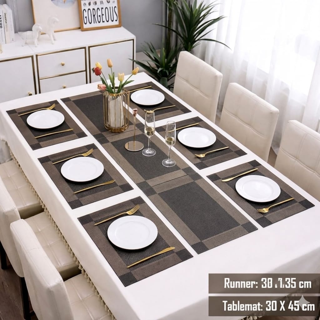 7 Pcs Dining Table Mat & Runner Set New ( Black & Golden )