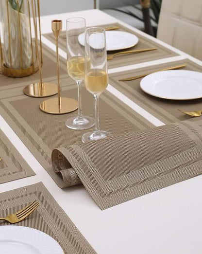 7 Pcs Dining Table Mat & Runner Set – Washable, Heat Resistant (Beige Boder)