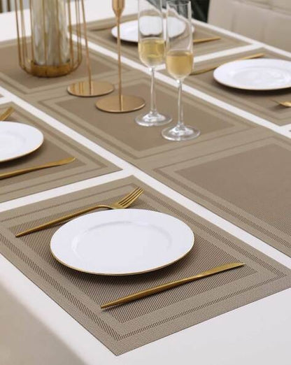 7 Pcs Dining Table Mat & Runner Set – Washable, Heat Resistant (Beige Boder)