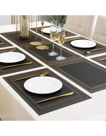 7 Pcs Dining Table Mat & Runner Set – Washable, Heat Resistant (Black & Golden)