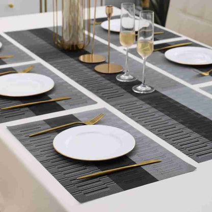 7 Pcs Dining Table Mat & Runner Set – Washable, Heat Resistant (Black & Grey)