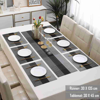 7 Pcs Dining Table Mat & Runner Set – Washable, Heat Resistant (Black & Grey)