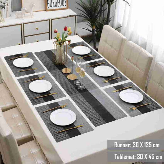 7 Pcs Dining Table Mat & Runner Set – Washable, Heat Resistant (Black & Grey)