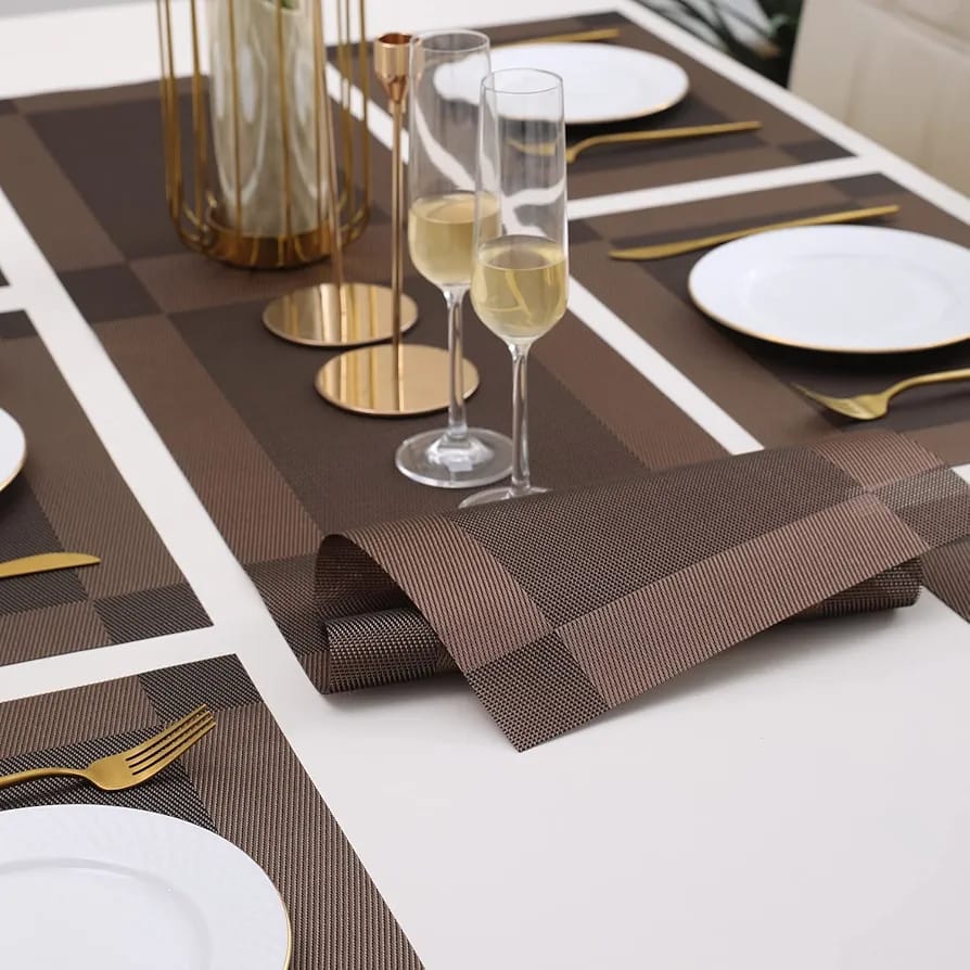 7 Pcs Dining Table Mat & Runner Set – Washable, Heat Resistant (Brown)