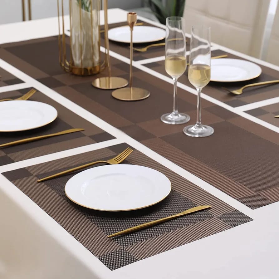 7 Pcs Dining Table Mat & Runner Set – Washable, Heat Resistant (Brown)