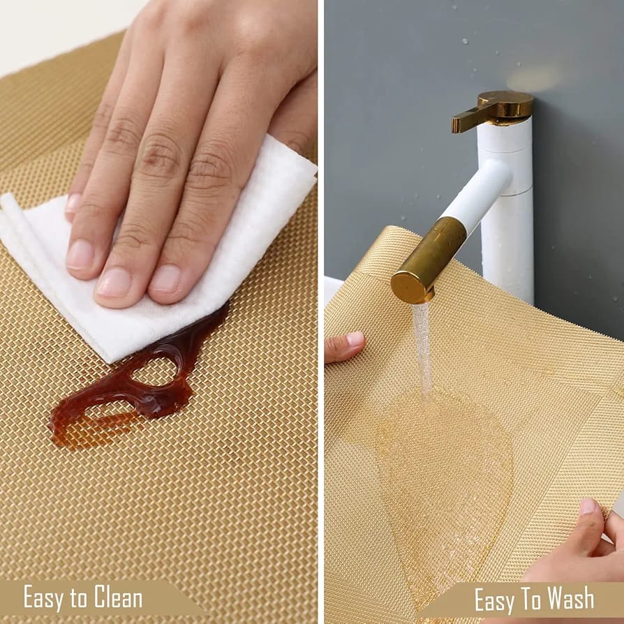 7 Pcs Dining Table Mat & Runner Set – Washable, Heat Resistant (Golden)