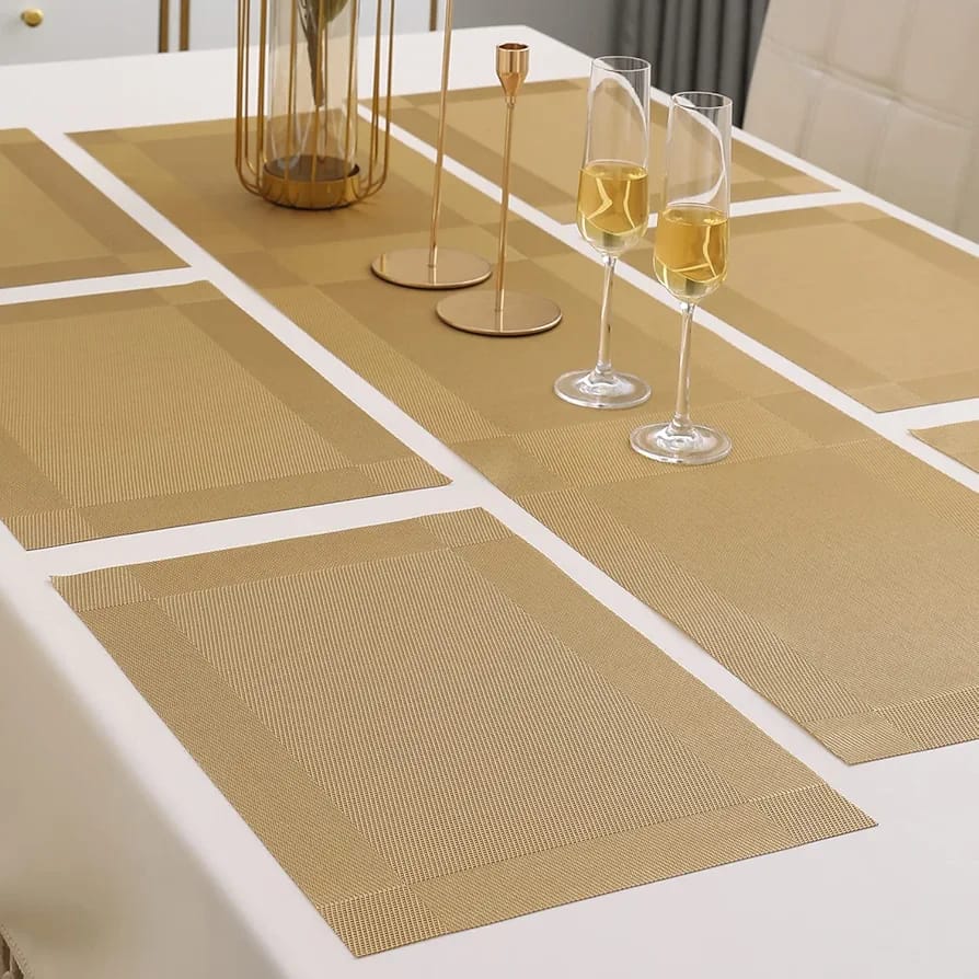 7 Pcs Dining Table Mat & Runner Set – Washable, Heat Resistant (Golden)
