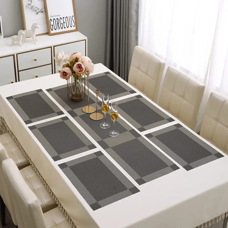 7 Pcs Dining Table Mat & Runner Set – Washable, Heat Resistant ( Gray)