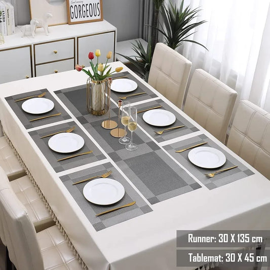 7 Pcs Dining Table Mat & Runner Set – Washable, Heat Resistant (Grey)
