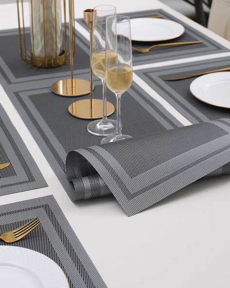 7 Pcs Dining Table Mat & Runner Set – Washable, Heat Resistant (Grey Boder)