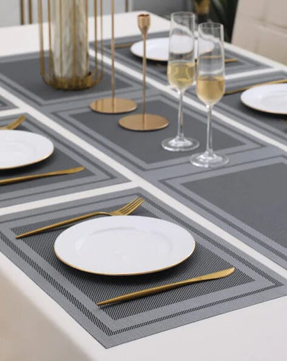 7 Pcs Dining Table Mat & Runner Set – Washable, Heat Resistant (Grey Boder)