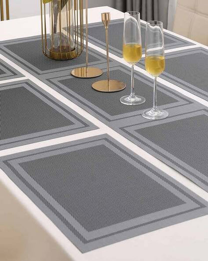 7 Pcs Dining Table Mat & Runner Set – Washable, Heat Resistant (Grey Boder)