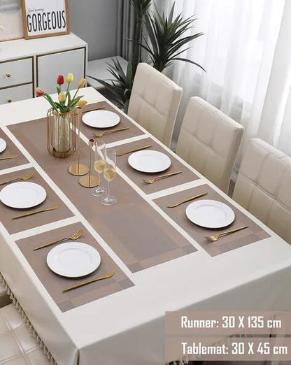 7 Pcs Dining Table Mat & Runner Set – Washable, Heat Resistant (Light Brown)