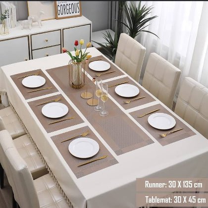 7 Pcs Dining Table Mat & Runner Set – Washable, Heat Resistant (Light Brown)