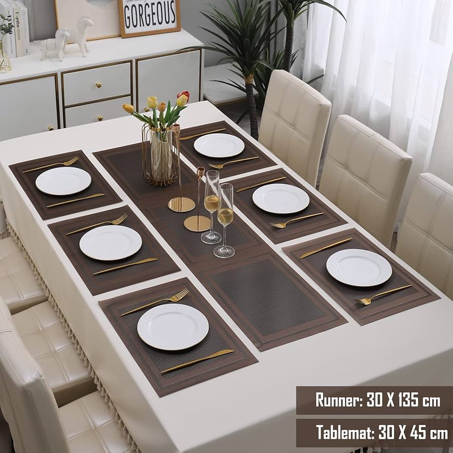 7 Pcs Dining Table Mat & Runner Set – Washable, Heat Resistant New Brown