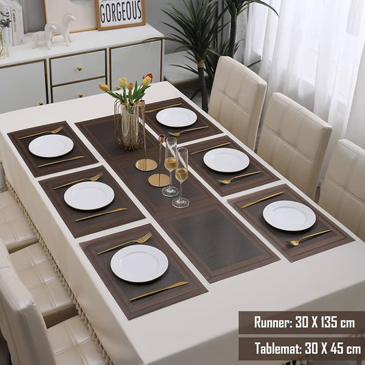 7 Pcs Dining Table Mat & Runner Set – Washable, Heat Resistant New Brown