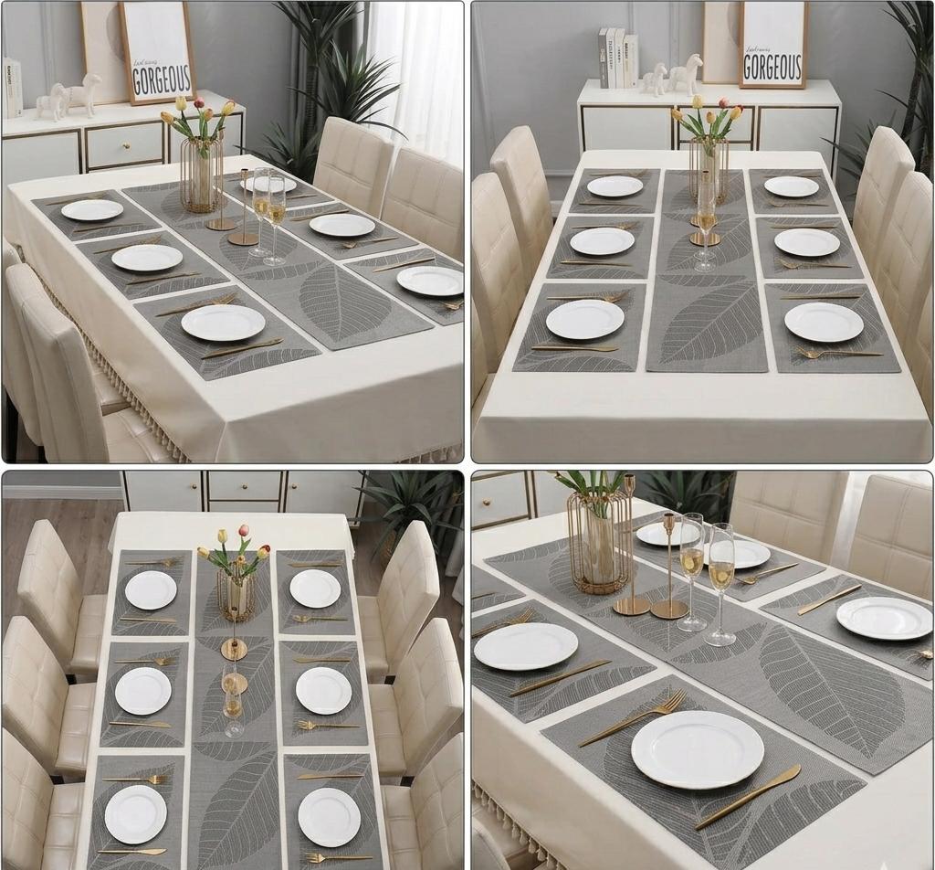 7 Pcs Dining Table Mat & Runner Set – Washable, Heat Resistant New Leaf