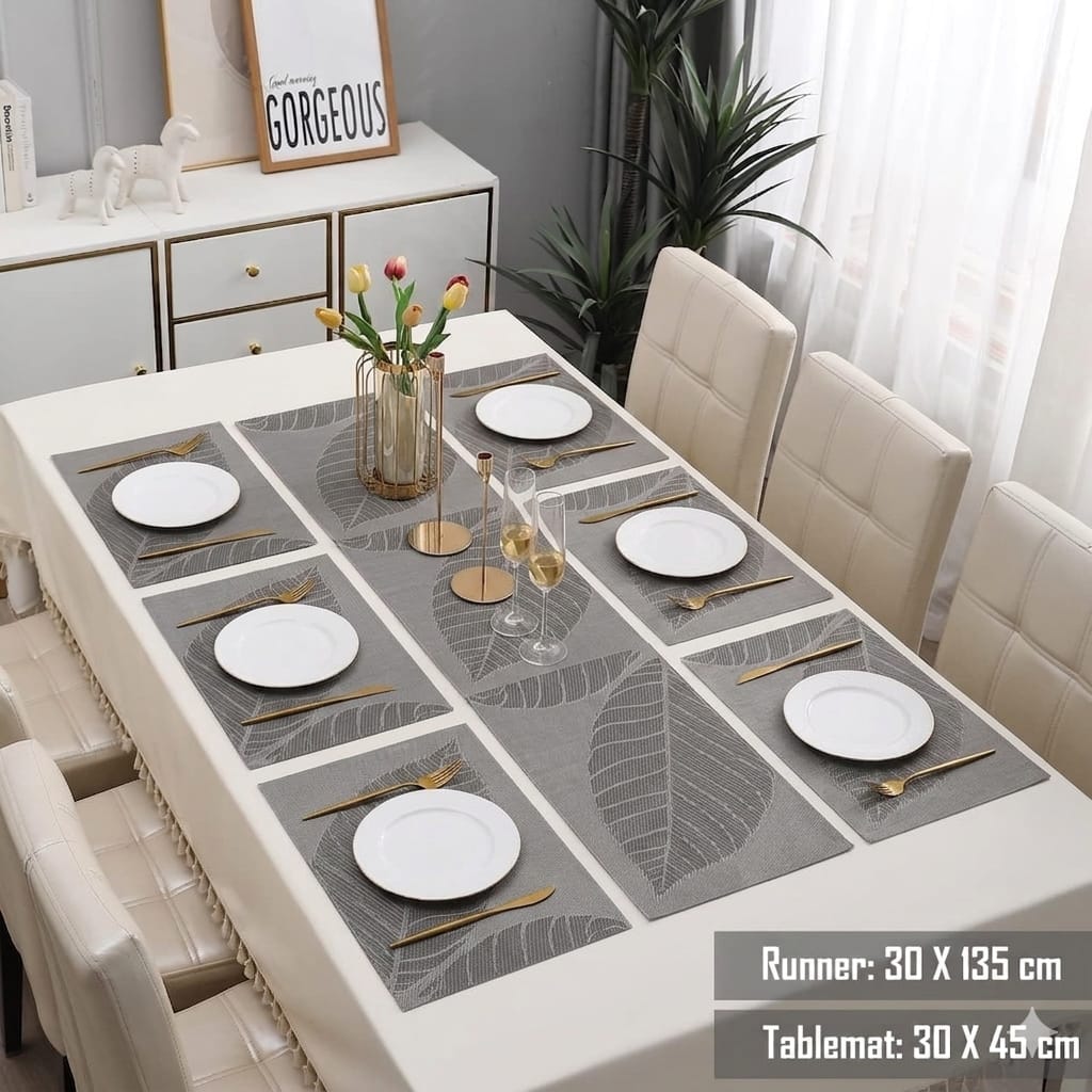 7 Pcs Dining Table Mat & Runner Set – Washable, Heat Resistant New Leaf
