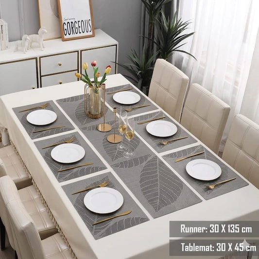 7 Pcs Dining Table Mat & Runner Set – Washable, Heat Resistant New Leaf
