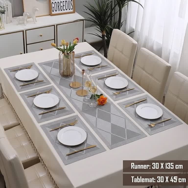7 Pcs Dining Table Mat & Runner Set – Washable, Heat Resistant New Silver