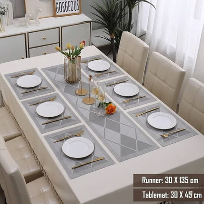 7 Pcs Dining Table Mat & Runner Set – Washable, Heat Resistant New Silver