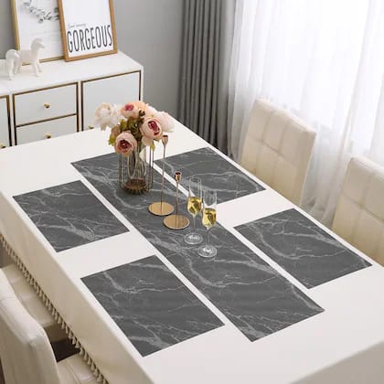 7Pcs Table Mat & Table Runner Brown Marble Design Set Heat Resistant Placemats, Stain Resistant Washable PVC Table Mats for Dining Table Woven Placemat