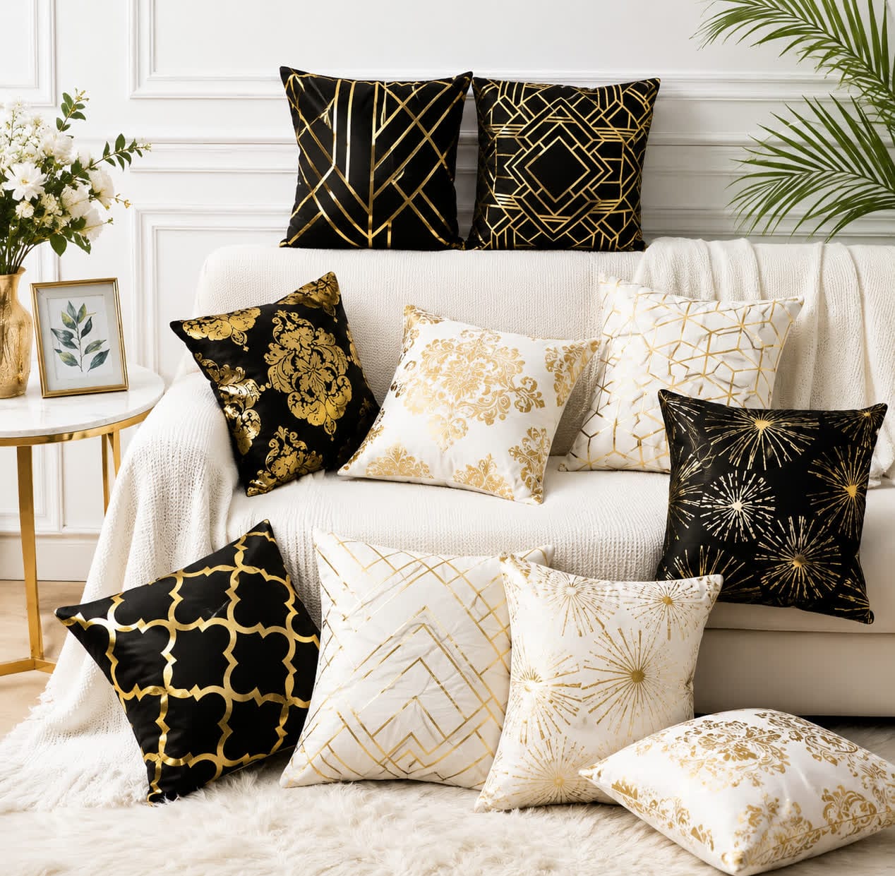 White and Gold Velvet Cushion Covers –  Soft Decorative Throw Pillow Cases, 16x16 inch