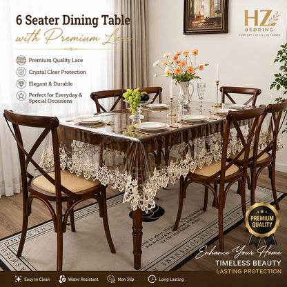 6 Seater Transparent PVC Embroidered Tablecloth with Lace Trim – Waterproof Table Cover for Dining, Parties & Home Decor