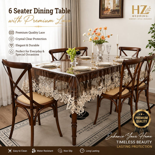 6 Seater Transparent PVC Embroidered Tablecloth with Lace Trim – Waterproof Table Cover for Dining, Parties & Home Decor