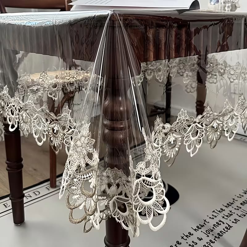 6 Seater Transparent PVC Embroidered Tablecloth with Lace Trim – Waterproof Table Cover for Dining, Parties & Home Decor