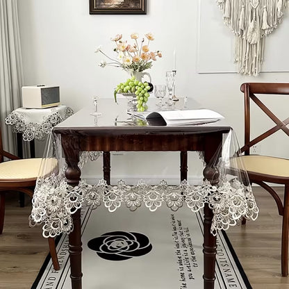 6 Seater Transparent PVC Embroidered Tablecloth with Lace Trim – Waterproof Table Cover for Dining, Parties & Home Decor