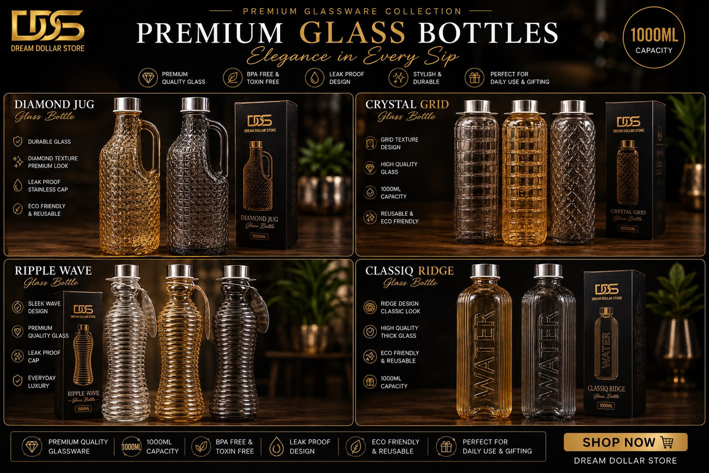 Glass Bottle  1000ML Premium Quality  Box Packing