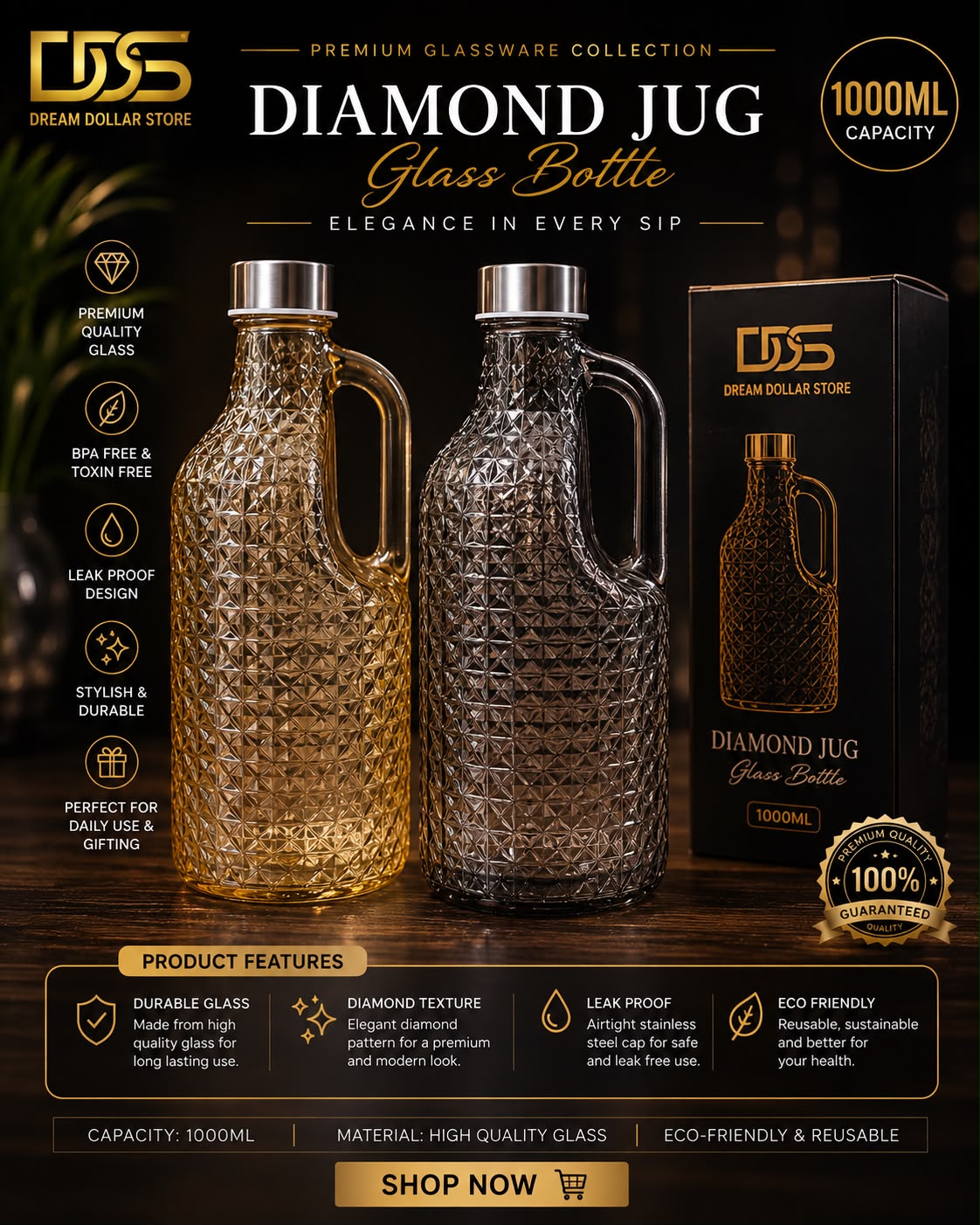 Glass Bottle  1000ML Premium Quality  Box Packing