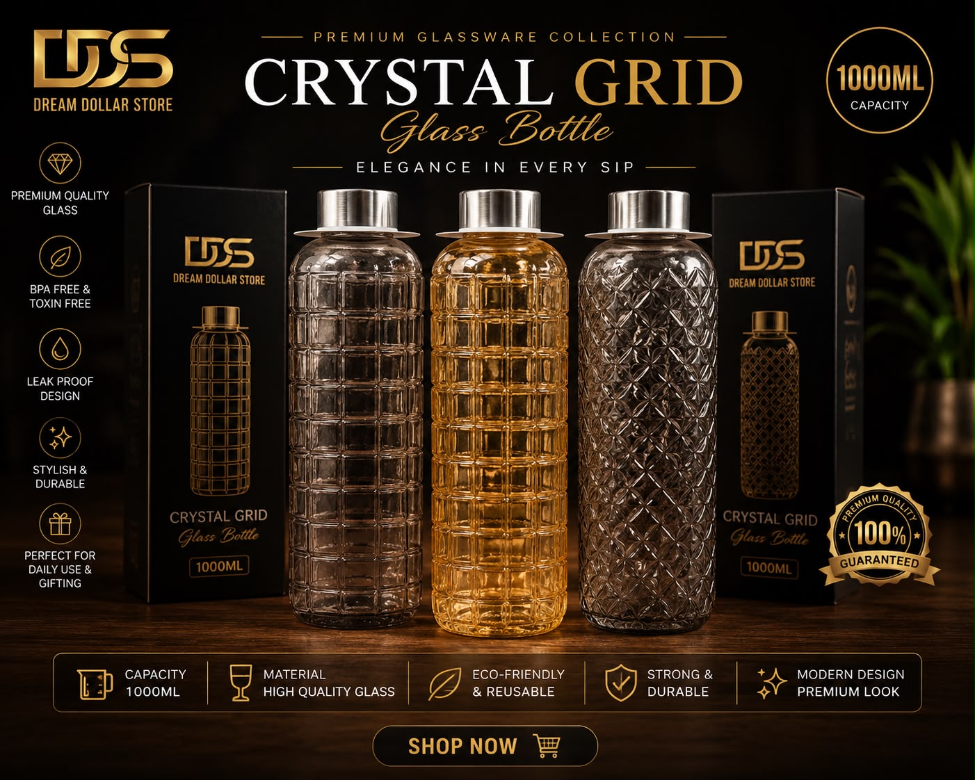 Glass Bottle  1000ML Premium Quality  Box Packing
