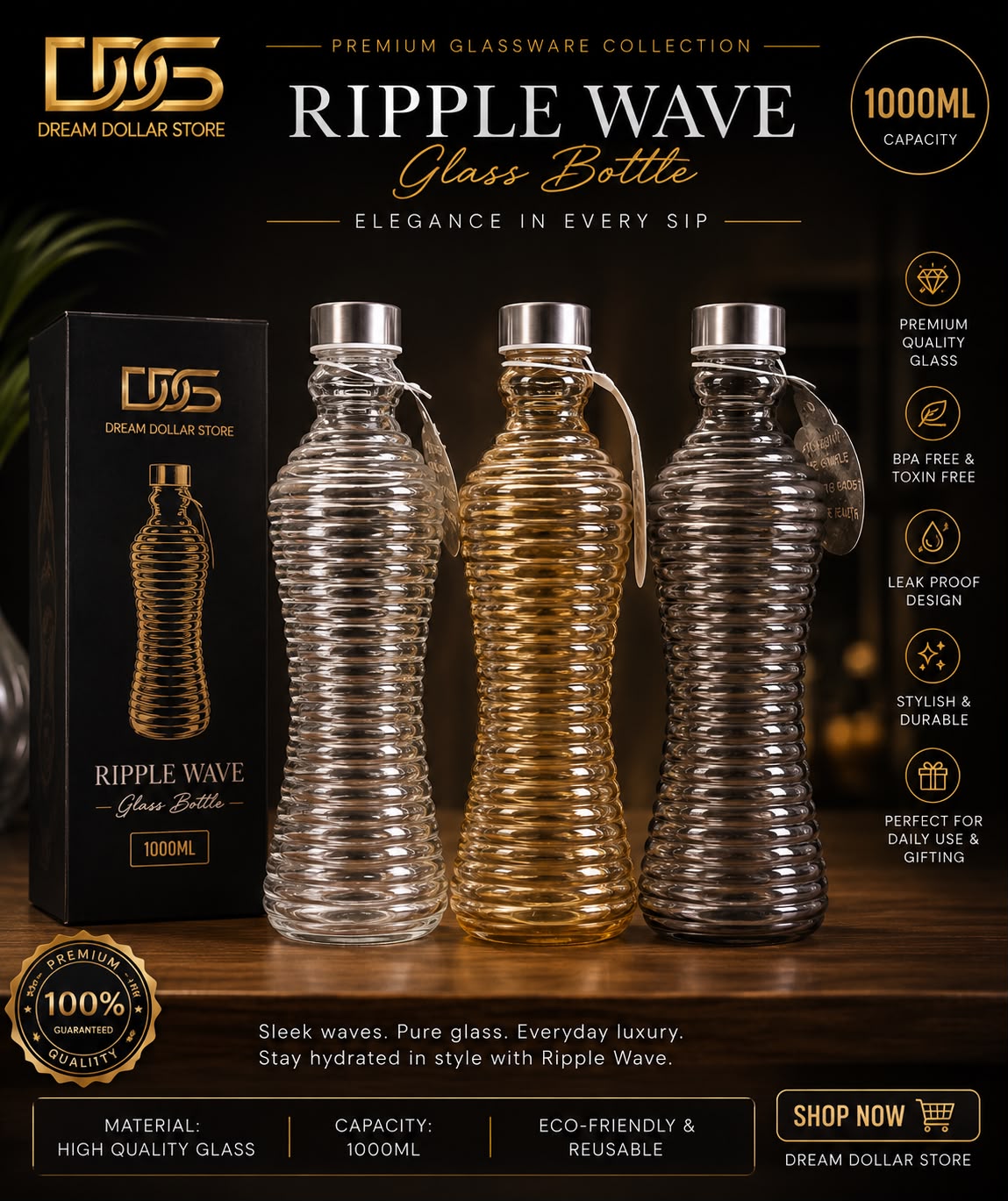 Glass Bottle  1000ML Premium Quality  Box Packing