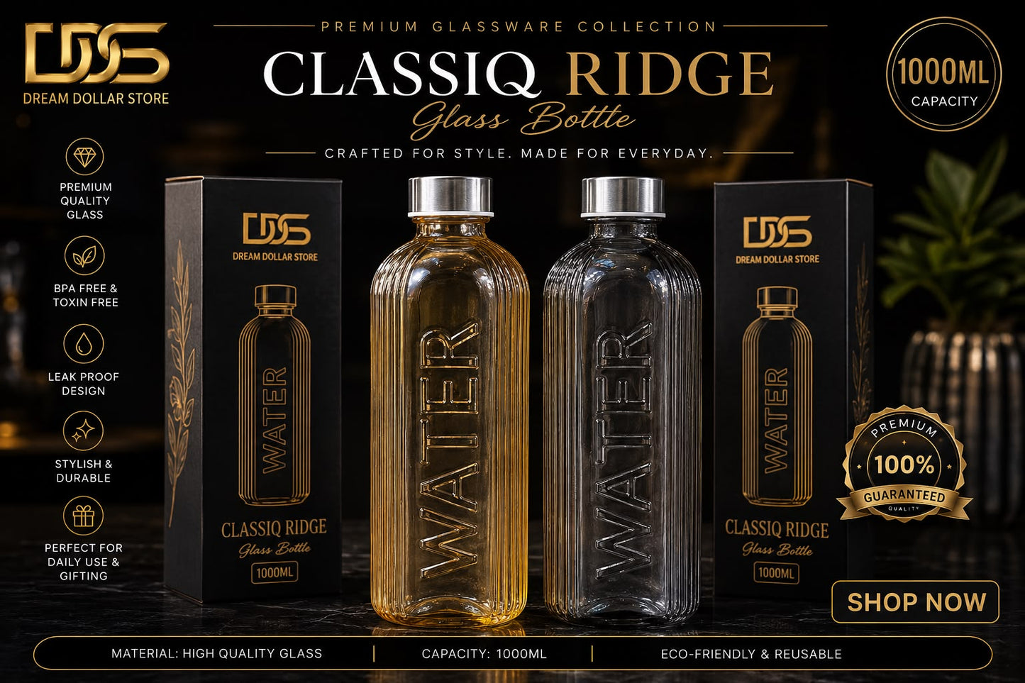 Glass Bottle  1000ML Premium Quality  Box Packing
