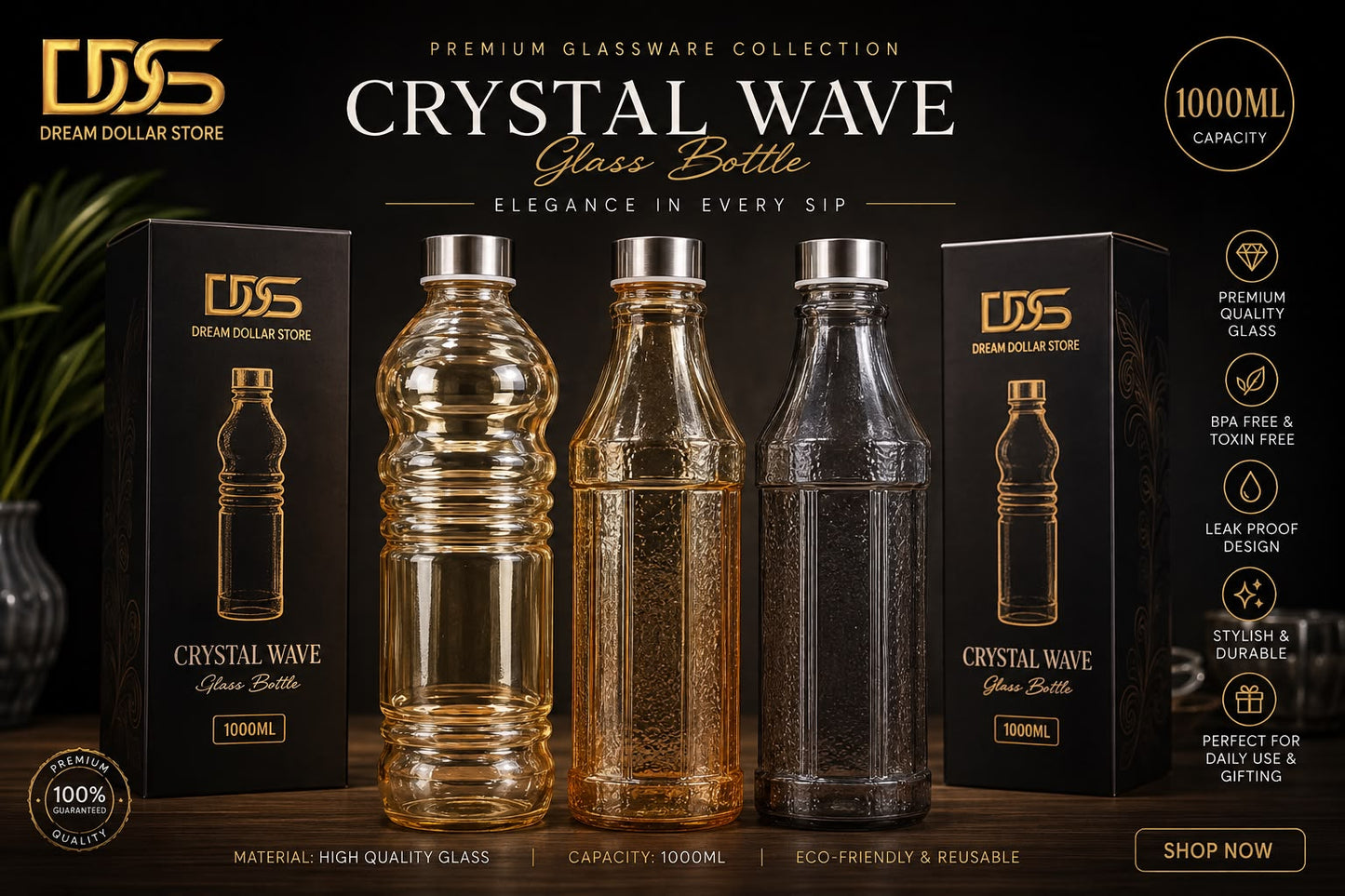 Glass Bottle  1000ML Premium Quality  Box Packing