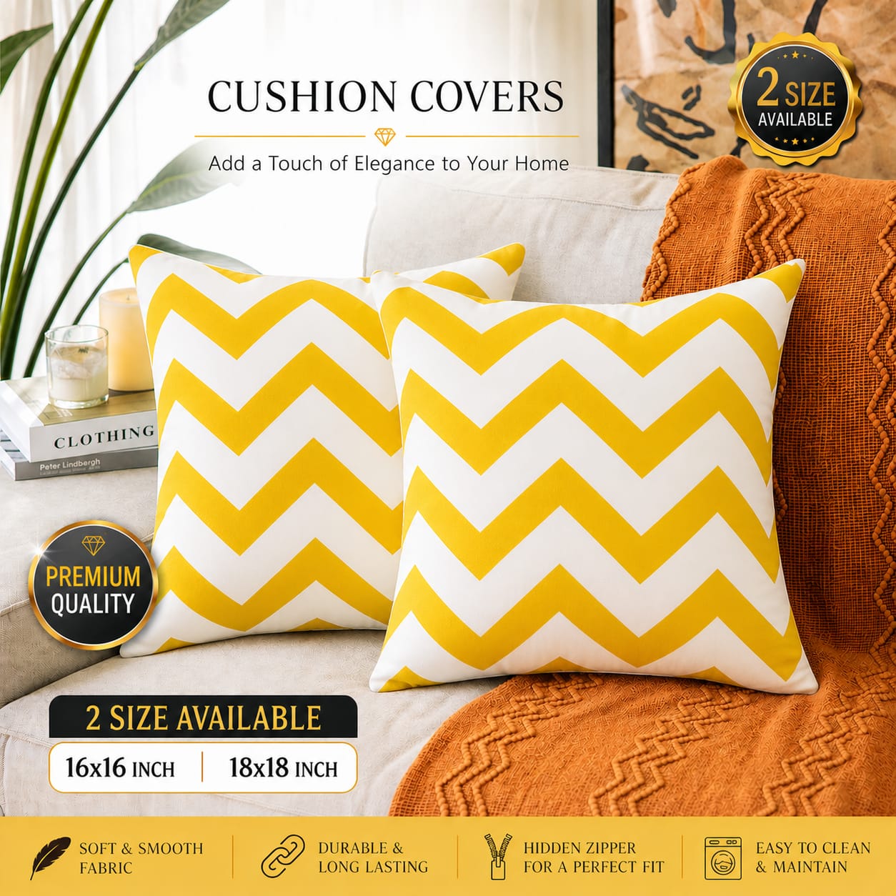 Yellow n White Zigzag Cushion Covers – 16x16 & 18x18 inch