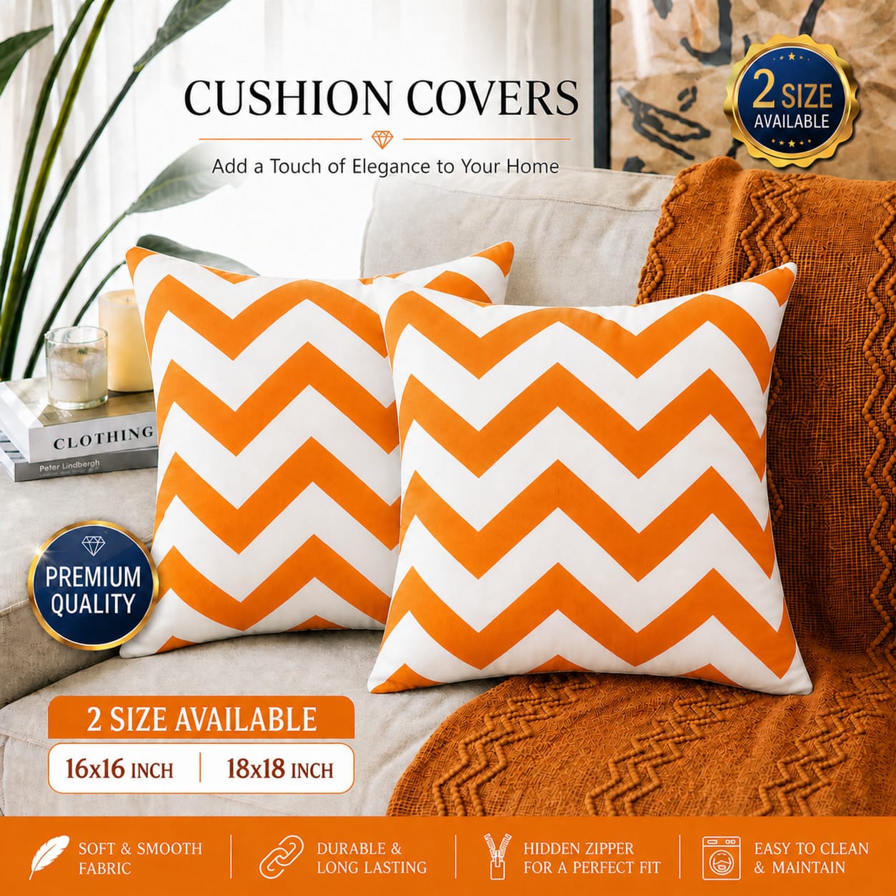 Orange n White Zigzag Cushion Covers – 16x16 & 18x18 inch