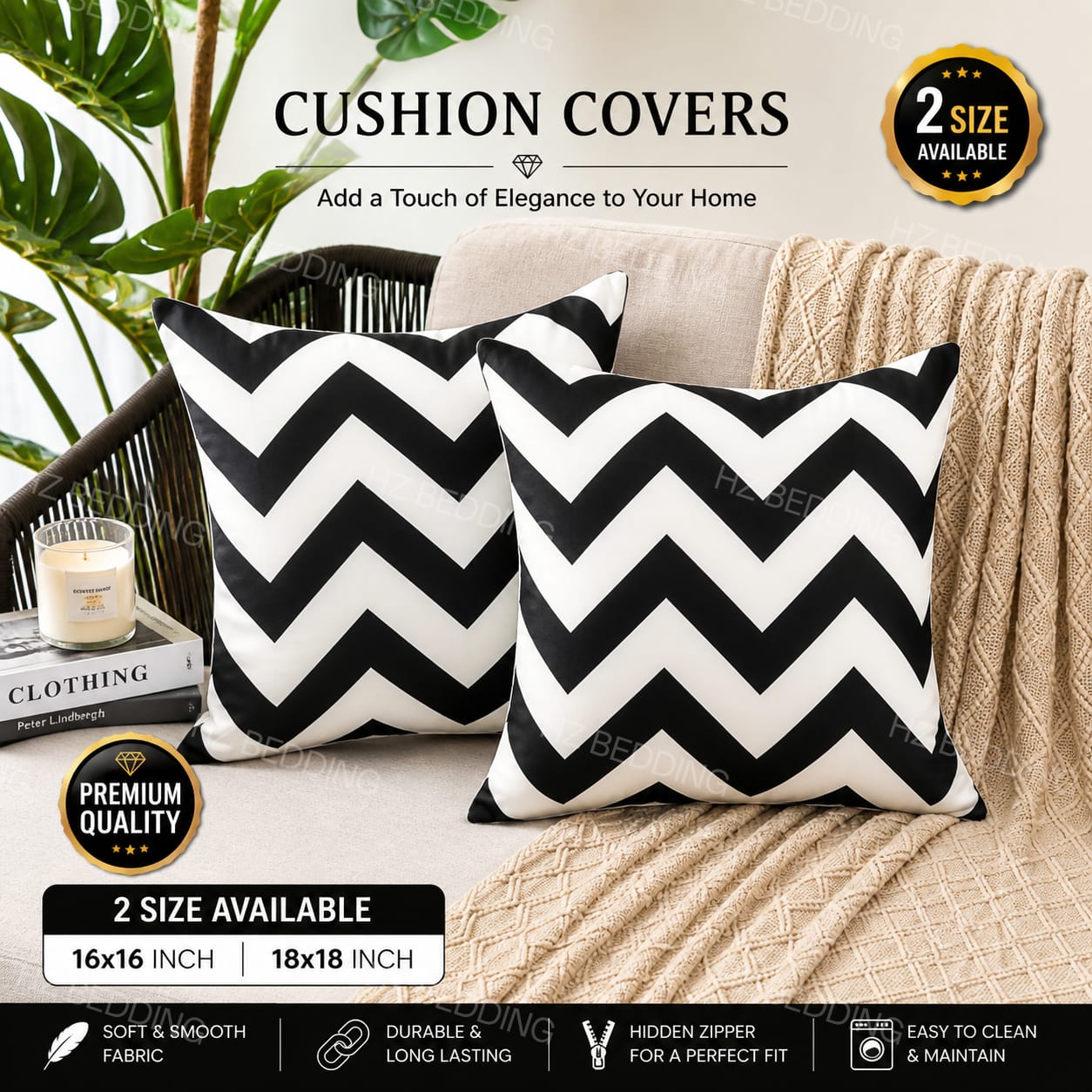 Black & White Zigzag Cushion Covers – 16x16 & 18x18 inch