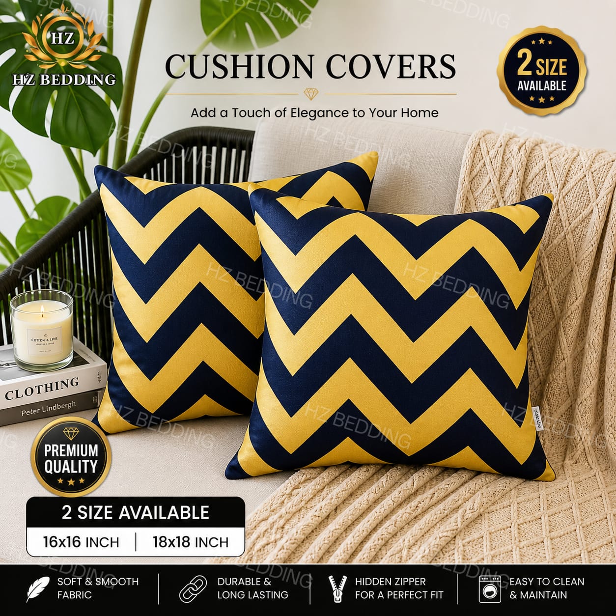 Yellow & Black Zigzag Cushion Covers – 16x16 & 18x18 inch