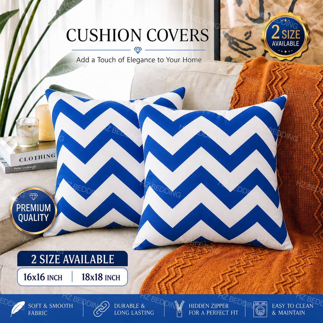 Blue & White Zigzag Cushion Covers – 16x16 & 18x18 inch