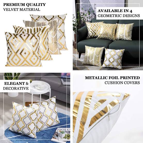 White and Gold Velvet Cushion Covers –  Soft Decorative Throw Pillow Cases, 16x16 inch
